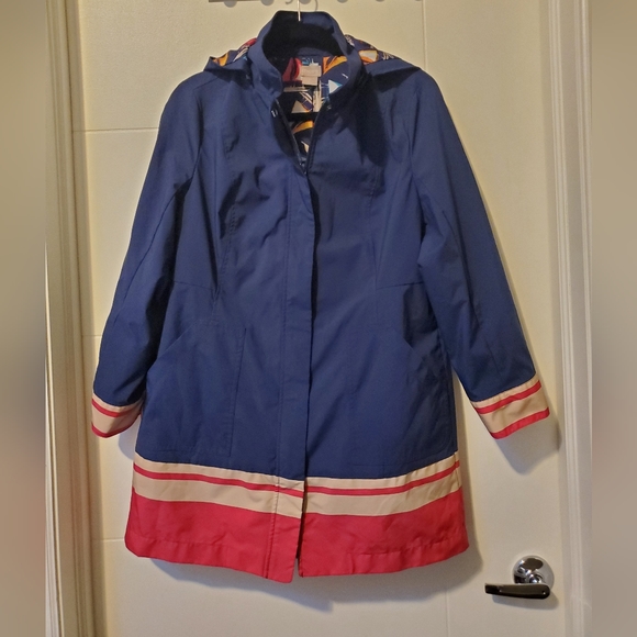 Chico’s Rain Jacket Navy Blue Pink Beige Stripes Coat, Petite Medium - Picture 4 of 11